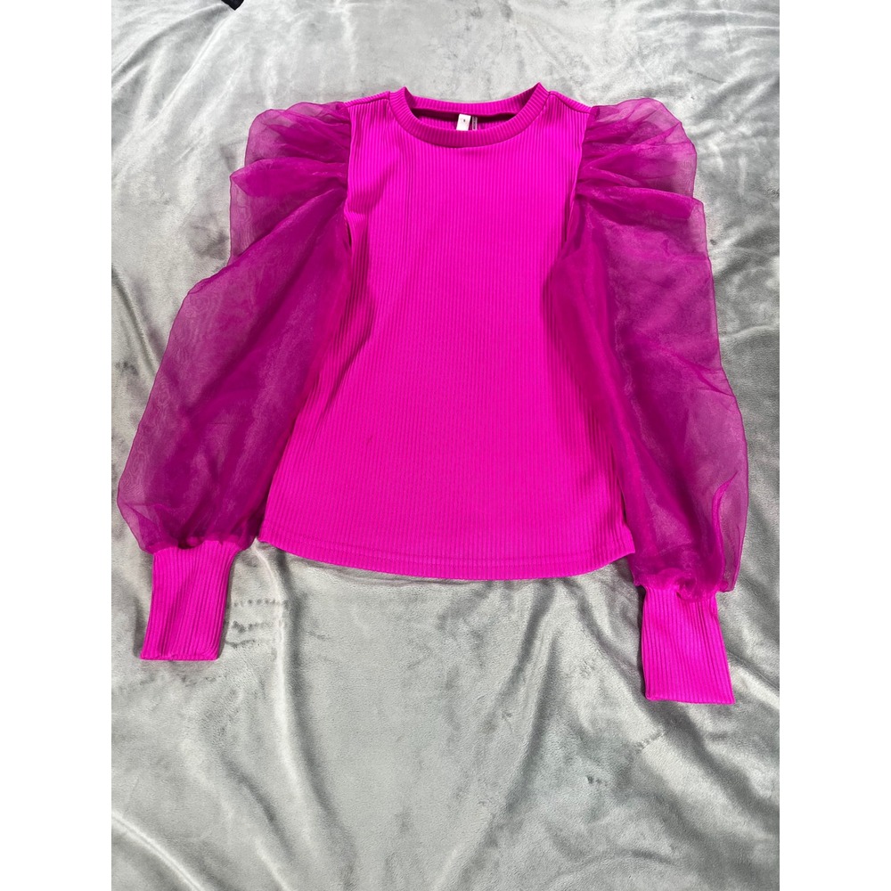 Fairycore Barbie Pink Valentine Ribbed Knit Top Sheer‎ Tulle Puff Long Sleeve Sm
